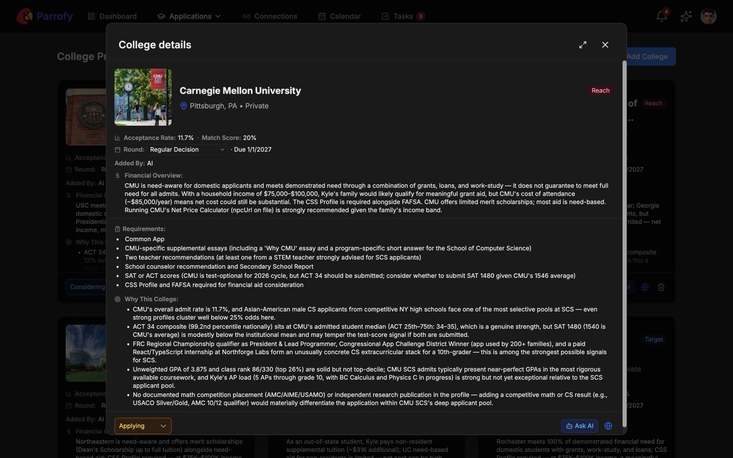 College details for a single school