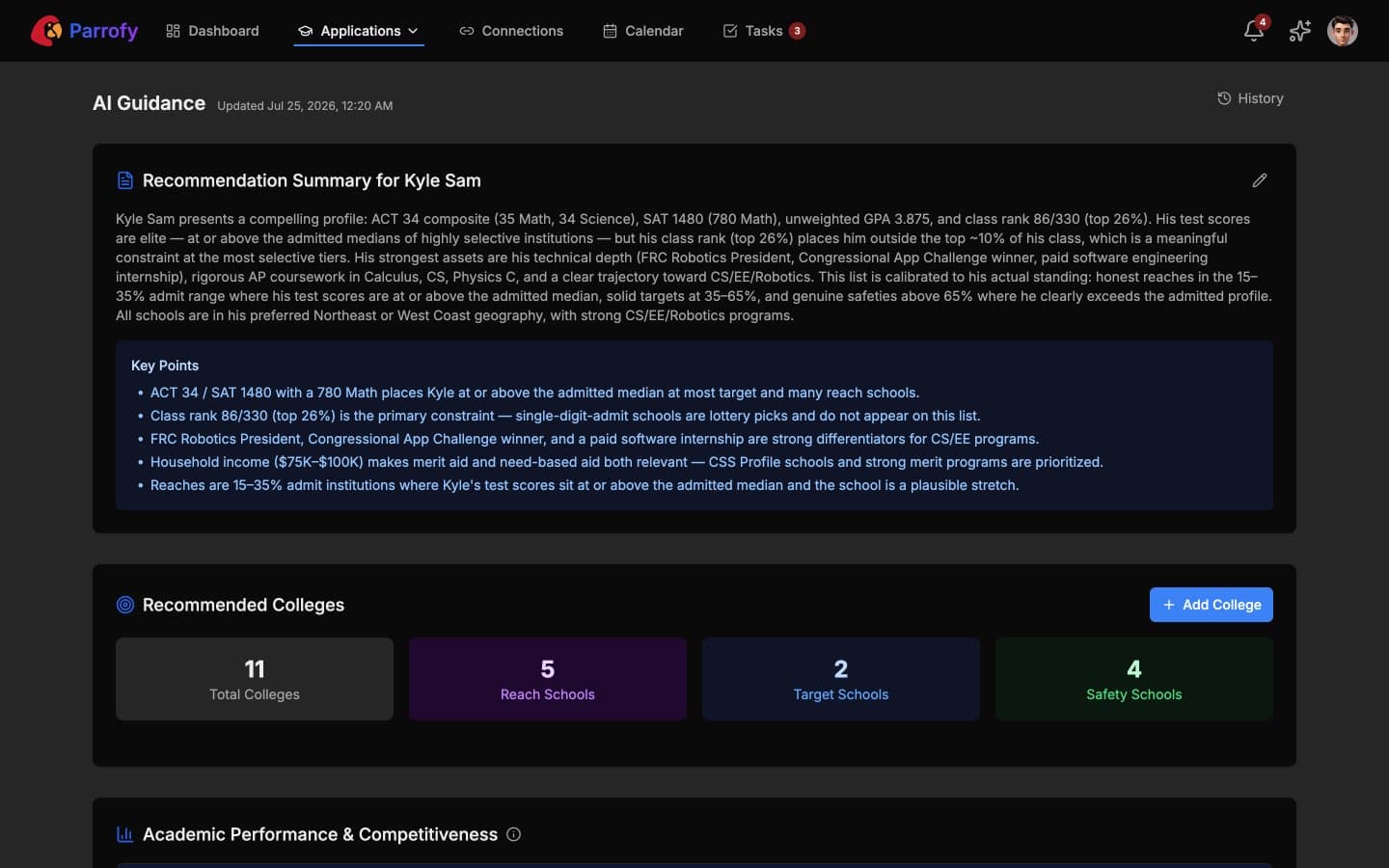 Parrofy AI Guidance summary for a student