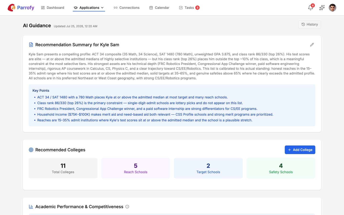 Parrofy AI Guidance summary for a student